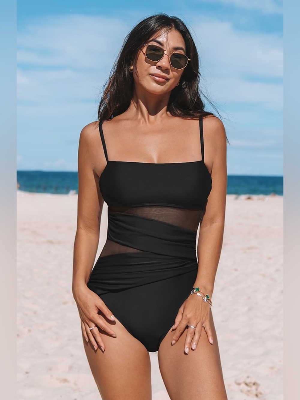 Cupshe Black Sheer-Panel Wrap One-Piece Swimsuit